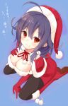  1girl ahoge arm_support black_legwear blush boots breasts capelet cleavage fur_trim gloves hair_flaps hand_on_own_chest hat kantai_collection kneeling note_(aoiro_clip) pantyhose purple_hair red_eyes red_gloves santa_costume santa_hat smile solo taigei_(kantai_collection) tears translation_request 