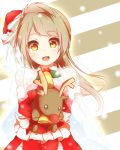  1girl bell bow brown_hair hair_bow hat looking_at_viewer love_live!_school_idol_project minami_kotori oda_(101511a) open_mouth santa_costume santa_hat solo striped striped_background stuffed_animal stuffed_reindeer stuffed_toy yellow_eyes 