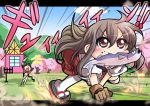  2girls akagi_(kantai_collection) anger_vein brown_eyes brown_hair character_request cherry_blossoms commentary_request d.a fish food_in_mouth house japanese_clothes kantai_collection kitchen_knife long_hair multiple_girls muneate running thigh-highs yugake 