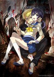  1boy 1girl blonde_hair blood blood_on_face bloody_clothes blue_eyes blue_skirt character_name corpse_party d_midiror dated highres holding_hands kishinuma_yoshiki kneehighs long_sleeves looking_at_viewer low_twintails name_tag neckerchief open_mouth pleated_skirt purple_hair sailor_collar school_uniform serafuku shinozaki_ayumi sitting skirt twintails violet_eyes white_legwear 