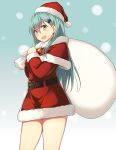  1girl :d alternate_costume bell belt blush capelet christmas cowboy_shot dress fur_trim gradient gradient_background green_eyes green_hair hair_ornament hairclip hat highres kantai_collection long_hair looking_at_viewer open_mouth over_shoulder red_dress sack santa_costume santa_hat smile snowing solo soukou_makura suzuya_(kantai_collection) 