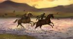  1710_(artist) 2boys gyro_zeppeli highres horse johnny_joestar jojo_no_kimyou_na_bouken mountain multiple_boys scenery steel_ball_run 