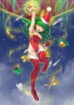  1girl 2014 black_light christmas green_hair hat long_hair original santa_hat solo thigh-highs yellow_eyes 