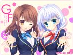  2girls ;d blue_eyes braid brown_eyes brown_hair cover cover_page doujin_cover girlfriend_(kari) hair_ornament hairclip long_hair looking_at_viewer mitha multiple_girls murakami_fumio one_eye_closed open_mouth school_uniform shiina_kokomi smile twin_braids white_hair 