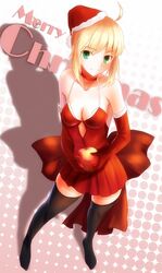  1girl ahoge aiovia apple black_legwear blonde_hair christmas dress english fate/stay_night fate_(series) food fruit green_eyes hat looking_at_viewer merry_christmas saber santa_hat solo thigh-highs 