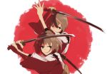  2girls brown_eyes brown_hair hyuuga_(kantai_collection) ise_(kantai_collection) japanese_clothes kantai_collection kisetsu multiple_girls ponytail short_hair sword weapon 