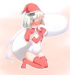  1girl a-ktoo blush elbow_gloves gloves green_eyes hat konpaku_youmu konpaku_youmu_(ghost) sack santa_hat school_swimsuit short_hair silver_hair swimsuit thigh-highs touhou white_school_swimsuit white_swimsuit 