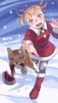  1girl blonde_hair blue_eyes blush boots cat christmas dated english eud_(systemblue) hair_ornament hat hat_removed headwear_removed highres merry_christmas mouth_hold open_mouth original paw_print santa_costume santa_hat snow 