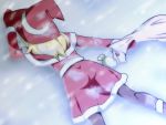  1girl alternate_costume bag black_legwear blonde_hair boots braid capelet faceplant gift gloves hat jeno kirisame_marisa letter love_letter lying on_ground on_stomach pantyhose red_gloves santa_costume shirt single_braid skirt snow solo touhou witch_hat 