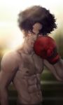  1boy abs absurdres aki! black_hair blood blood_on_face blurry blurry_background boxing_gloves gloves hand_up highres joe_(megalo_box) looking_at_viewer male_focus megalo_box navel nipples red_gloves scarf shirtless solo standing 