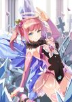  1girl arm_up blue_eyes bridal_gauntlets cross detached_sleeves hair_ornament leotard looking_at_viewer pink_hair selenoring solo souseiki_aster_gate string thigh-highs twintails 