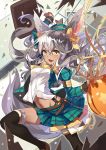  1girl animal_ears bag black_legwear bow breasts fang hair_bow highres kaku-san-sei_million_arthur looking_at_viewer midriff open_mouth plaid plaid_skirt school_bag school_uniform selenoring silver_hair skirt smile solo suspenders tail thigh-highs wand yellow_eyes 