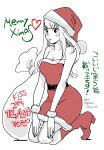  artist_name bag bangs bare_shoulders blunt_bangs blush_stickers boots breasts character_request christmas dated hands_on_knees hat heart highres kneeling koiiji long_hair looking_at_viewer merry_christmas monochrome red santa_costume santa_hat shimura_takako simple_background translation_request tube_dress white_background 