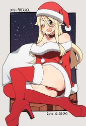  1girl 2014 ;d bare_shoulders blonde_hair boots choker christmas dated eyebrows hat long_hair looking_at_viewer nanakura_nanane one_eye_closed open_mouth original panties pointy_ears red_boots red_eyes red_legwear red_panties santa_boots santa_costume santa_hat smile solo thigh-highs thigh_boots underwear 