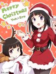  2girls animal_costume antlers belt black_hair bob_cut chitanda_eru creator_connection crossover hat hyouka long_hair multiple_girls osanai_yuki pantyhose reindeer_antlers reindeer_costume sack santa_costume santa_hat shimoku_reyu short_hair shoushimin_series violet_eyes 