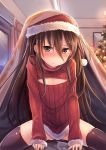  1girl blush christmas_tree curtains flat_chest hat highres jewelry ks long_hair open-chest_sweater pout ring santa_hat shakugan_no_shana shana sitting sitting_on_person sweater thigh-highs under_covers window 