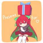  1girl bow cape disembodied_head english gift hair_bow kakinoki_mikan_(kari) long_sleeves mittens red_eyes redhead sekibanki short_hair skirt smile solo touhou 