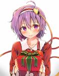  1girl ahoge alternate_costume blush box christmas eyeball gift gift_box hairband heart highres kakao_rantan komeiji_satori looking_at_viewer purple_hair santa_costume short_hair simple_background smile solo third_eye touhou violet_eyes white_background 