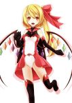  1girl alternate_costume black_boots black_gloves blonde_hair boots bow breasts cape dress elbow_gloves flandre_scarlet gloves hair_bow highres inyuppo layered_dress long_hair looking_at_viewer open_mouth red_dress side_ponytail slit_pupils smile solo thigh-highs thigh_boots touhou very_long_hair white_dress wings 