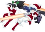  2girls black_hair blue_eyes blue_hair boots breasts christmas ganaha_hibiki gloves grin hat idolmaster kisaragi_chihaya long_hair multiple_girls ponytail santa_costume santa_hat scarf shield smile sword thigh-highs wata_do_chinkuru weapon 