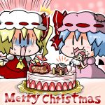  2girls :3 :d =3 =d ascot blonde_hair blue_hair cake chibi christmas flandre_scarlet food from_side highres merry_christmas mob_cap multiple_girls noai_nioshi open_mouth ponytail red_eyes remilia_scarlet smile sweat touhou |_| 