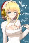  1girl artist_name bell blonde_hair blue_background blue_eyes blush breasts bust christmas cleavage cleavage_cutout hat highres looking_at_viewer merry_christmas open-chest_sweater price_tag ribbed_sweater santa_hat short_hair_with_long_locks snowflake_print solo soratobuiltusa sweater turtleneck 