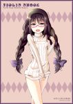  1girl akemi_homura artist_name black_hair braid cleavage_cutout copyright_name glasses hikaru_310 long_hair mahou_shoujo_madoka_magica open-chest_sweater red-framed_glasses ribbed_sweater semi-rimless_glasses solo sweater twin_braids twintails twitter_username under-rim_glasses violet_eyes 