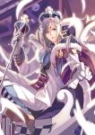  1boy blonde_hair blue_eyes boots cape chess_piece crossed_legs crown feathers looking_at_viewer open_mouth pawn selenoring short_hair sitting solo souseiki_aster_gate wand 