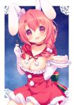  1girl :d animal_ears braid breasts choker cleavage elbow_gloves gloves long_hair looking_at_viewer open_mouth original pink_eyes pink_hair rabbit_ears single_braid sketch smile solo strawberry_shortcake usashiro_mani white_gloves 