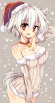 1girl alternate_costume animal_ears bare_shoulders bell bell_choker blush breasts choker christmas cleavage detached_sleeves hat inubashiri_momiji large_breasts looking_at_viewer matsuri_uta open_mouth red_eyes revision santa_hat short_hair silver_hair solo tail touhou wolf_ears wolf_tail 