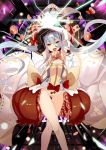  1girl armpits arms_up asymmetrical_clothes black_gloves blue_hair dress elbow_gloves gloves glowing hair_ornament hat long_hair open_mouth red_eyes selenoring smile solo souseiki_aster_gate twintails white_gloves 