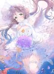  blush bouquet bubble dress finger_to_mouth flower fur_collar gloves green_eyes kneehighs leg_up long_hair love_live!_school_idol_project low_twintails purple_hair repi987 strapless_dress thigh_strap tiara toujou_nozomi twintails very_long_hair white_dress white_gloves white_legwear wings 