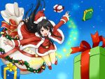  1boy bellezza_felutia black_hair blue_eyes crossdressinging felutiahime gift hat heterochromia highres long_hair male merry_christmas red_eyes santa_boots santa_costume santa_hat smile solo toy trap 