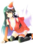  1girl arm_support black_hair black_legwear breasts cleavage collarbone detached_sleeves fusou_(kantai_collection) hair_ornament hat kantai_collection kneeling maki_(seventh_heaven_maxion) red_eyes sack santa_costume santa_hat solo thigh-highs white_background 