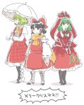  3girls ascot black_hair boots closed_eyes detached_sleeves frills front_ponytail full_body gohei green_hair hair_ornament hair_ribbon hair_tubes hakurei_reimu japanese_clothes juliet_sleeves kagiyama_hina kazami_yuuka long_hair long_sleeves miko mitsumoto_jouji multiple_girls pantyhose parasol plaid plaid_skirt plaid_vest ponytail profile puffy_sleeves ribbon scarf shirt short_hair simple_background skirt skirt_set smile text touhou translation_request umbrella vest white_background wide_sleeves winter_clothes 