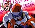  1boy 1girl antlers barara_peol chocof91 christmas green_eyes grin gundam gundam_g_no_reconguista hat mask mask_(gundam_g_no_reconguista) pilot_suit pink_hair red_nose sack santa_hat smile 