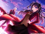  1boy 1girl :o archer artist_name black_hair black_legwear blue_eyes blush breath clouds dark_skin dutch_angle fate/stay_night fate_(series) hair_ribbon hand_on_hip highres kaho_okashii long_hair looking_at_viewer pantyhose ribbon school_uniform short_hair skirt sky standing toosaka_rin white_hair 