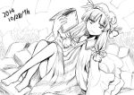  1girl book bow crescent dated hair_bow hat long_hair monochrome patchouli_knowledge purple_hair ribbon solo tako_(plastic_protein) touhou 