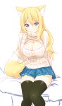  1girl animal_ears aoi_(naomi) black_legwear blonde_hair blue_eyes breasts cleavage cleavage_cutout fox_ears fox_tail large_breasts long_hair looking_at_viewer naomi_(sekai_no_hate_no_kissaten) open-chest_sweater original pleated_skirt ribbed_sweater sitting sketch skirt solo sweater tail thigh-highs thighs turtleneck 
