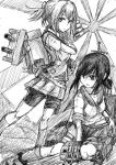  bike_shorts cannon fubuki_(kantai_collection) gloves greyscale highres kakyuu kantai_collection machinery monochrome rising_sun school_uniform serafuku shiranui_(kantai_collection) shorts sketch torpedo 