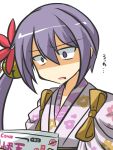  1girl akebono_(kantai_collection) bell commentary_request gomasamune hair_ornament japanese_clothes kantai_collection kimono long_hair looking_at_viewer open_mouth purple_hair side_ponytail simple_background sketch solo tasuki translation_request violet_eyes white_background 