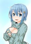  1girl blue_eyes blue_hair breasts casual cleavage hair_ornament hairclip highres kaho_(amal135) mahou_shoujo_madoka_magica miki_sayaka open-chest_sweater open_mouth short_hair sleeves_past_wrists solo sweater 