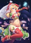  1girl arm_up bell blonde_hair blue_eyes blush boots breasts capelet christmas circlet cleavage gift hat highres leg_up long_hair navel night original outstretched_arm red_legwear sack sand-rain santa_costume santa_hat sasaame smile snow solo thigh-highs thigh_boots 
