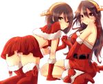  2girls all_fours alternate_costume bare_shoulders blush brown_eyes capelet christmas dress elbow_gloves fur_trim gloves green_eyes hairband haruna_(kantai_collection) hat headgear highres holding_hands kantai_collection kirishima_(kantai_collection) long_hair looking_at_viewer multiple_girls nano_(cherry_line) no_glasses panties pantyshot red_boots red_gloves santa_boots santa_costume santa_hat short_hair simple_background sitting strapless_dress underwear wariza white_background white_panties 