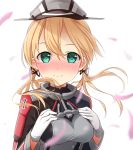  1girl anchor blonde_hair blush breasts bust gloves green_eyes hands_on_own_chest hat highres iron_cross kantai_collection looking_at_viewer max_melon_teitoku military military_hat military_uniform peaked_cap petals prinz_eugen_(kantai_collection) simple_background smile solo uniform white_background white_gloves 