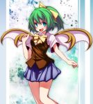  1girl alternate_costume bow daiyousei fairy_wings fang green_eyes green_hair hair_ribbon highres open_mouth ribbon s-syogo shirt short_sleeves side_ponytail skirt smile solo touhou vest wings 