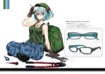  1girl alternate_costume backpack bag bespectacled blue_eyes blue_hair boots character_name dirty glasses gloves hair_bobbles hair_ornament hat jewelry kawashiro_nitori key looking_at_viewer nabeshima_tetsuhiro necklace pants pliers shirt short_hair simple_background sitting sleeveless solo text tools touhou twintails white_background wrench 