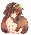  1girl animal_ears back breasts brown_eyes brown_hair futatsuiwa_mamizou glasses leaf leaf_on_head looking_at_viewer looking_back lowres nude portrait raccoon_ears raccoon_tail sen1986 short_hair simple_background smile solo tail touhou white_background 
