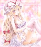  1girl bed blonde_hair bow breasts cleavage hair_bow hat hat_ribbon hoppesatou large_breasts lingerie long_hair mob_cap negligee no_panties ribbon see-through smile solo thigh-highs thighs touhou underwear violet_eyes yakumo_yukari 