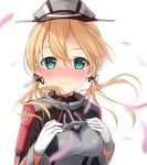  1girl anchor blonde_hair blush breasts bust gloves green_eyes hands_on_own_chest hat iron_cross kantai_collection looking_at_viewer max_melon_teitoku military military_hat military_uniform peaked_cap petals prinz_eugen_(kantai_collection) simple_background smile solo uniform white_background white_gloves 